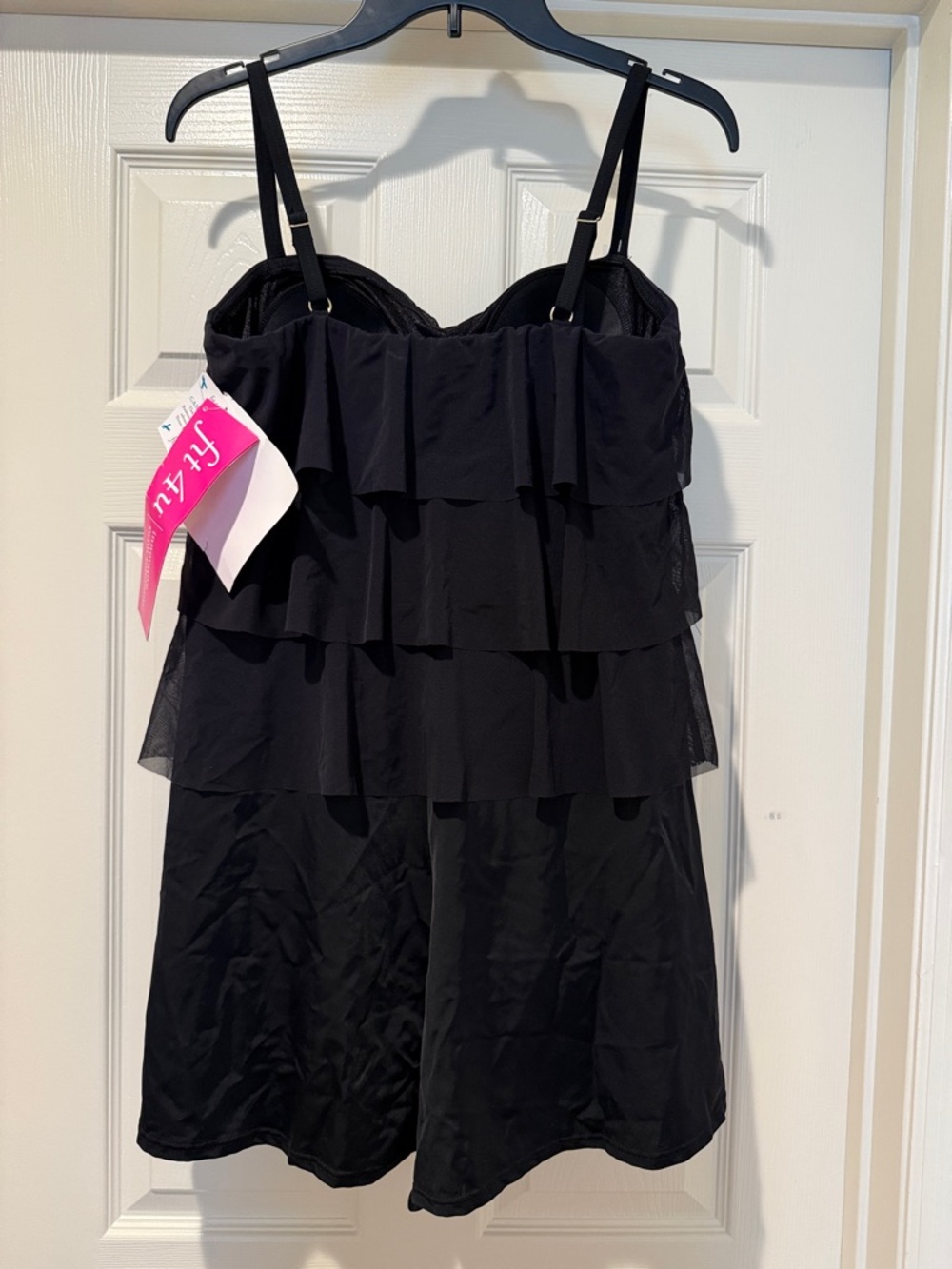 NWT Swim Romper Fit 4 U Black Ruffled 1 Piece Adjustable Strap Wire Free 14